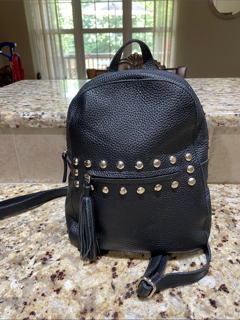 Black Pebbled Leather Studded Mini Backpack with Tassel Accent